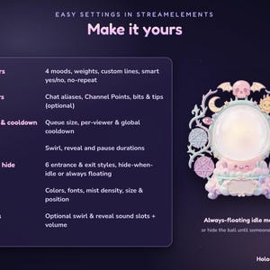 Puede incluir: Una interfaz digital titulada Easy Settings in StreamElements Make it yours, que enumera funciones como Answers, Triggers, Queue, Timing, Show/hide, Look y Sounds. Junto al texto hay un icono de bola de cristal en tonos pastel con una calavera.