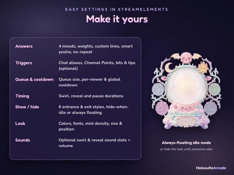 Puede incluir: Una interfaz digital titulada Easy Settings in StreamElements Make it yours, que enumera funciones como Answers, Triggers, Queue, Timing, Show/hide, Look y Sounds. Junto al texto hay un icono de bola de cristal en tonos pastel con una calavera.
