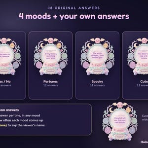 Puede incluir: Un dispositivo de adivinaci&oacute;n digital con un orbe central rodeado por un marco decorativo con una calavera, alas de murci&eacute;lago, sol y luna. La pantalla muestra opciones de texto para cuatro estados de &aacute;nimo: Yes/No, Fortunes, Spooky y Cute.