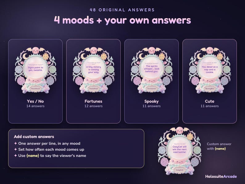 Puede incluir: Un dispositivo de adivinaci&oacute;n digital con un orbe central rodeado por un marco decorativo con una calavera, alas de murci&eacute;lago, sol y luna. La pantalla muestra opciones de texto para cuatro estados de &aacute;nimo: Yes/No, Fortunes, Spooky y Cute.