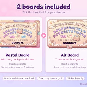 May include: Two digital spirit boards featuring pastel colors, the text CHATTING WITH FRIENDS, the alphabet, numbers 0-9, and the word GOODBYE. One board has a cozy background scene, while the other has a transparent background. Both include a heart planchette.