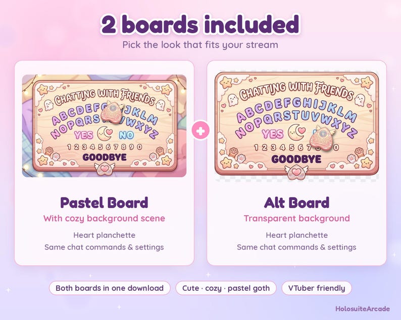 May include: Two digital spirit boards featuring pastel colors, the text CHATTING WITH FRIENDS, the alphabet, numbers 0-9, and the word GOODBYE. One board has a cozy background scene, while the other has a transparent background. Both include a heart planchette.