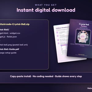 Puede incluir: Un paquete de descarga digital instant&aacute;nea titulado HolosuiteArcade-Crystal-Ball.zip que contiene archivos de widget, arte de bola pastel y una gu&iacute;a de configuraci&oacute;n de 18 p&aacute;ginas. La pantalla incluye una lista de archivos y un documento.