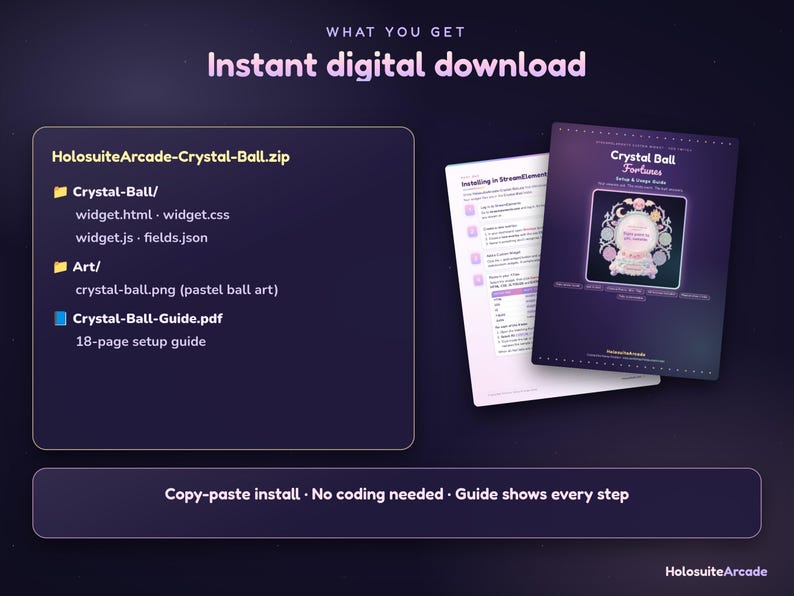 Puede incluir: Un paquete de descarga digital instant&aacute;nea titulado HolosuiteArcade-Crystal-Ball.zip que contiene archivos de widget, arte de bola pastel y una gu&iacute;a de configuraci&oacute;n de 18 p&aacute;ginas. La pantalla incluye una lista de archivos y un documento.