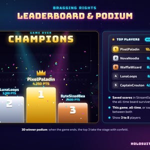 May include: A digital leaderboard and podium graphic titled Bragging Rights Leaderboard & Podium. It displays a 3D winner podium with PixelPaladin, LunaLoops, and ByteSizedBea, plus a Top Players list featuring PixelPaladin, NovaNoodle, WaffleWizard, LunaLoops, and CaptainCrouton.