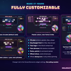 May include: A digital interface display showing a fully customisable word game widget. The graphic features multiple layout examples, including neon, pastel, and Halloween themes, with a list of 18 colour pickers, font options, and settings for logos, phrases, and wheel mechanics.