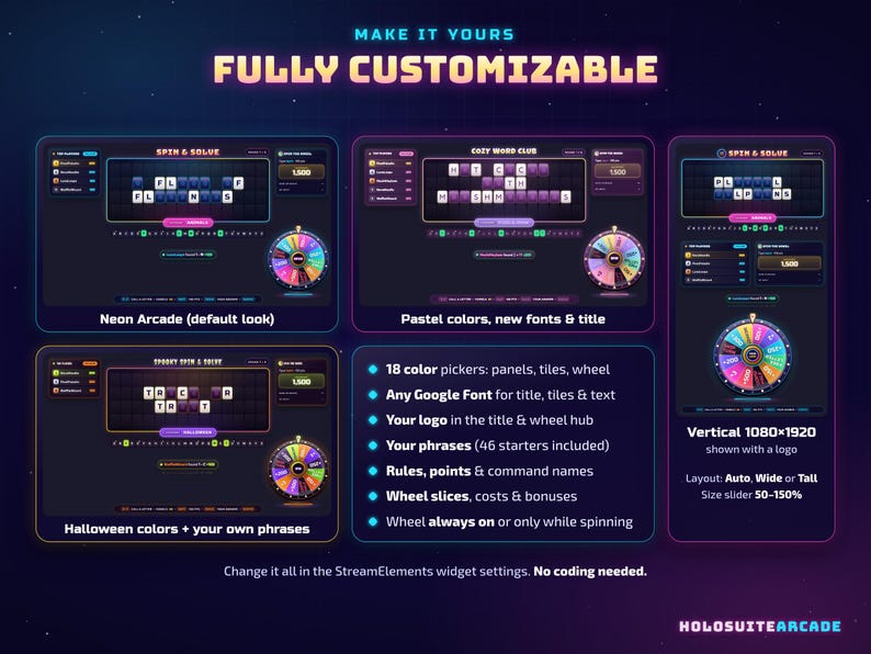 May include: A digital interface display showing a fully customisable word game widget. The graphic features multiple layout examples, including neon, pastel, and Halloween themes, with a list of 18 colour pickers, font options, and settings for logos, phrases, and wheel mechanics.