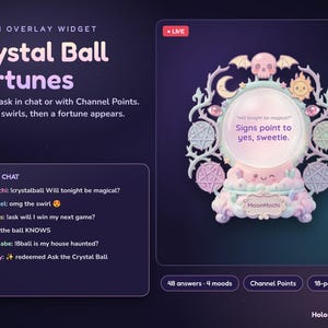 Puede incluir: Un widget de superposici&oacute;n de Twitch titulado Crystal Ball Fortunes que presenta un gr&aacute;fico de bola de cristal en tonos pastel con detalles de calavera, luna, sol y pentagrama. La pantalla muestra el texto Will tonight be magical? Signs point to yes, sweetie.