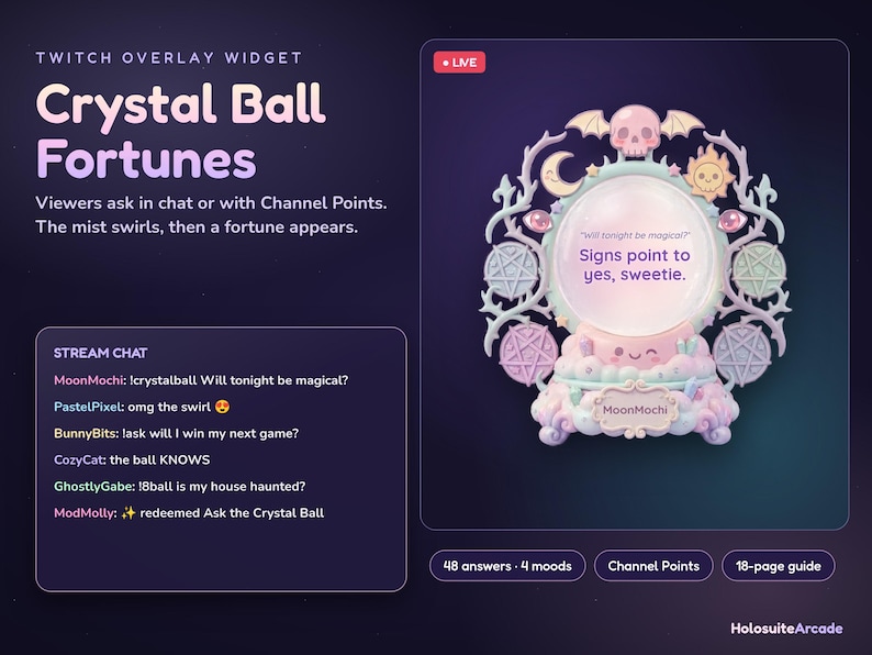 Puede incluir: Un widget de superposici&oacute;n de Twitch titulado Crystal Ball Fortunes que presenta un gr&aacute;fico de bola de cristal en tonos pastel con detalles de calavera, luna, sol y pentagrama. La pantalla muestra el texto Will tonight be magical? Signs point to yes, sweetie.