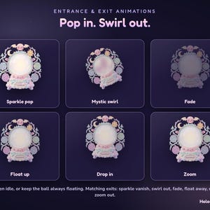 Puede incluir: Un gr&aacute;fico digital que muestra seis variaciones de una animaci&oacute;n de bola de cristal etiquetadas como Sparkle pop, Mystic swirl, Fade, Float up, Drop in y Zoom. El texto dice Entrance & Exit Animations, Pop in. Swirl out y HolosuiteArcade.