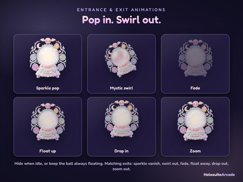 Puede incluir: Un gr&aacute;fico digital que muestra seis variaciones de una animaci&oacute;n de bola de cristal etiquetadas como Sparkle pop, Mystic swirl, Fade, Float up, Drop in y Zoom. El texto dice Entrance & Exit Animations, Pop in. Swirl out y HolosuiteArcade.