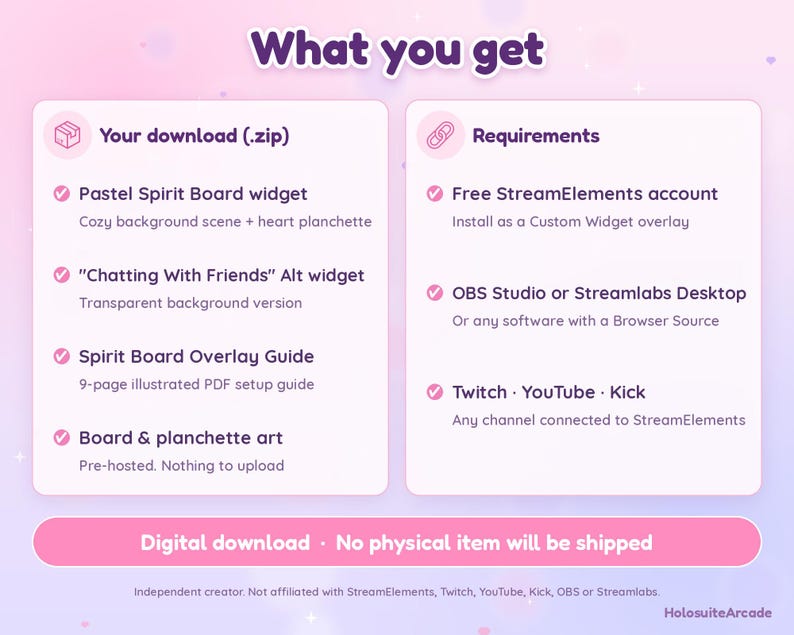 May include: A digital download information graphic titled What you get, listing contents including a Pastel Spirit Board widget, Chatting With Friends widget, a 9-page PDF guide, and requirements like a StreamElements account, OBS, and streaming platforms.