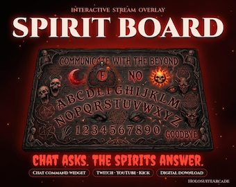 May include: A dark, rectangular spirit board graphic featuring the text "SPIRIT BOARD" and "COMMUNICATE WITH THE BEYOND". The board displays the alphabet, numbers 0-9, "YES", "NO", and "GOODBYE" with skull, demon, and pentagram illustrations.
