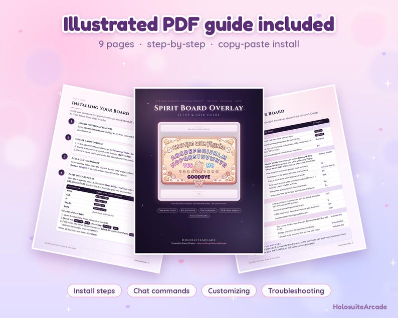 May include: An illustrated 9-page PDF guide for a Spirit Board overlay, featuring step-by-step instructions, copy-paste install details, chat commands, customization tips, and troubleshooting steps for a digital streaming interface setup.