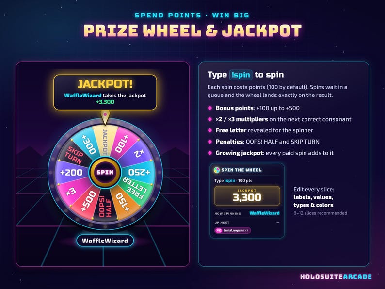 May include: A digital prize wheel interface titled PRIZE WHEEL & JACKPOT with neon-style text. The wheel features colourful segments labelled with values like +100, +500, x2, x3, SKIP TURN, and OOPS! HALF. Instructions include Type !spin to spin.