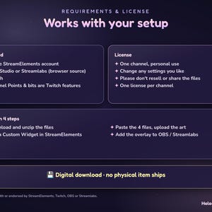 Puede incluir: Un gr&aacute;fico de informaci&oacute;n digital de color morado oscuro titulado Requirements & License Works with your setup. Enumera los requisitos t&eacute;cnicos para StreamElements, OBS Studio, Streamlabs y Twitch, los t&eacute;rminos de licencia, una gu&iacute;a de instalaci&oacute;n de cuatro pasos y un aviso de descarga digital.