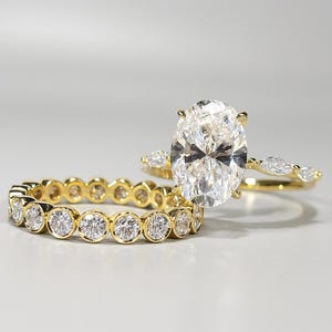 Oval Cut Moissanite Bridal Set Engagement Ring 6 TCW with Marquise Accent Stones and Gold Bezel Eternity Wedding Band Ring Set for Women