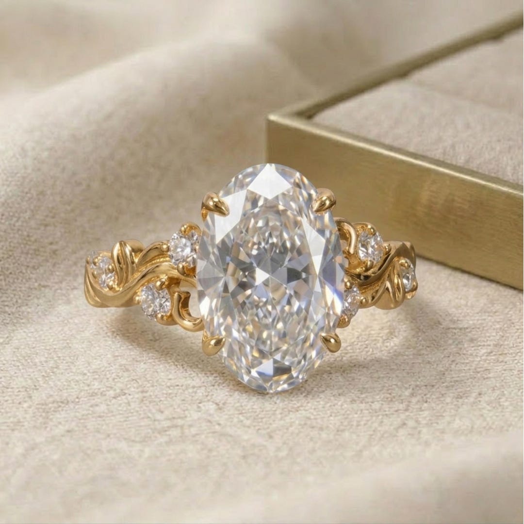 Oval Cut Moissanite Engagement Ring Vintage Solid Yellow Gold Floral ...
