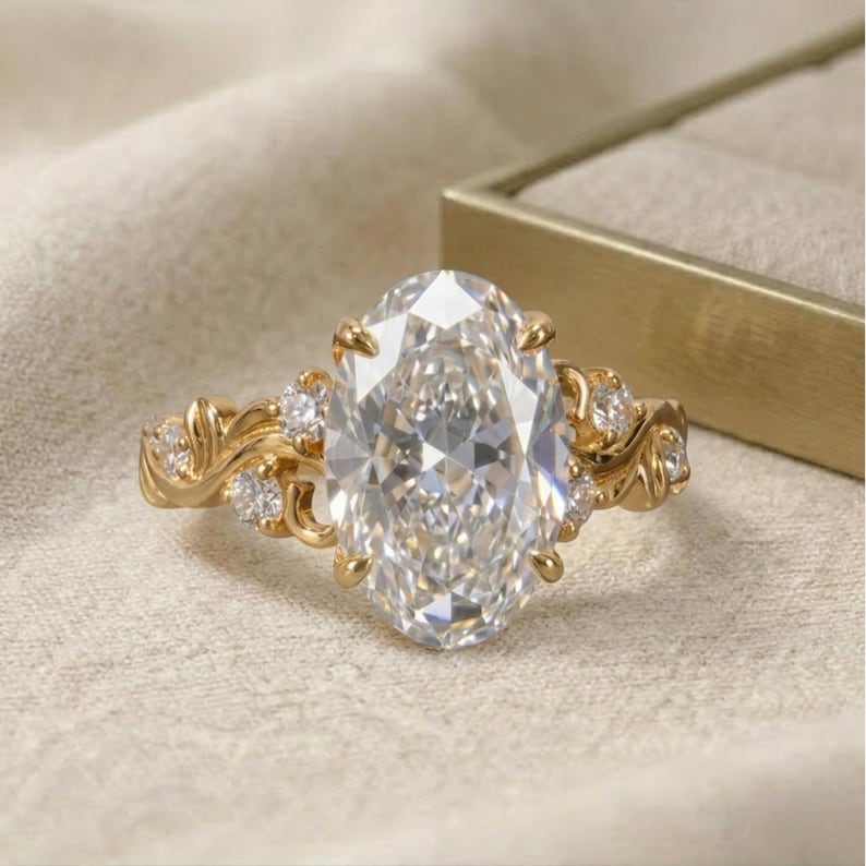 Troideah Ringer Oval Cut Moissanite Engagement Ring Vintage Solid Yellow Gold Floral ...