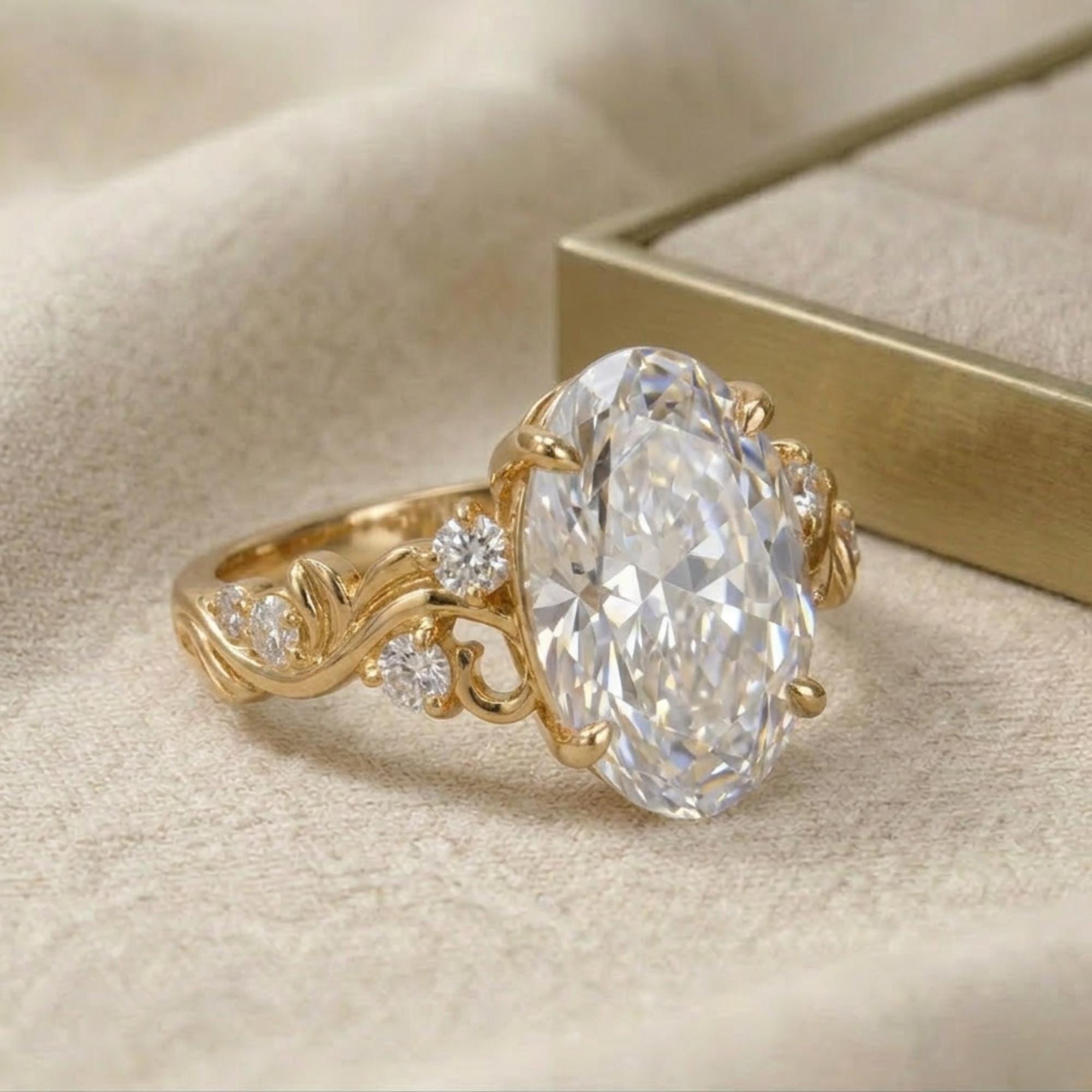 Oval Cut Moissanite Engagement Ring Vintage Solid Yellow Gold Floral ...