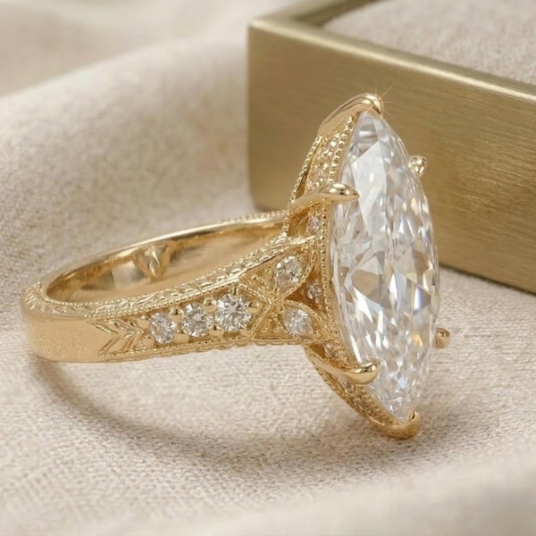 Marquise geslepen moissaniet verlovingsring vintage 14K geelgouden filigraanring Victoriaanse stijl ring unieke bruidsring cadeau voor vrouwen