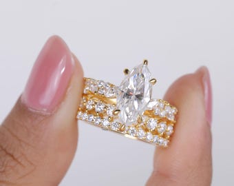 Marquise Cut Moissanite Bridal Ring Set In Solid Yellow Gold Pave Band Wedding Stackable Engagement Ring Promise Gift For Her