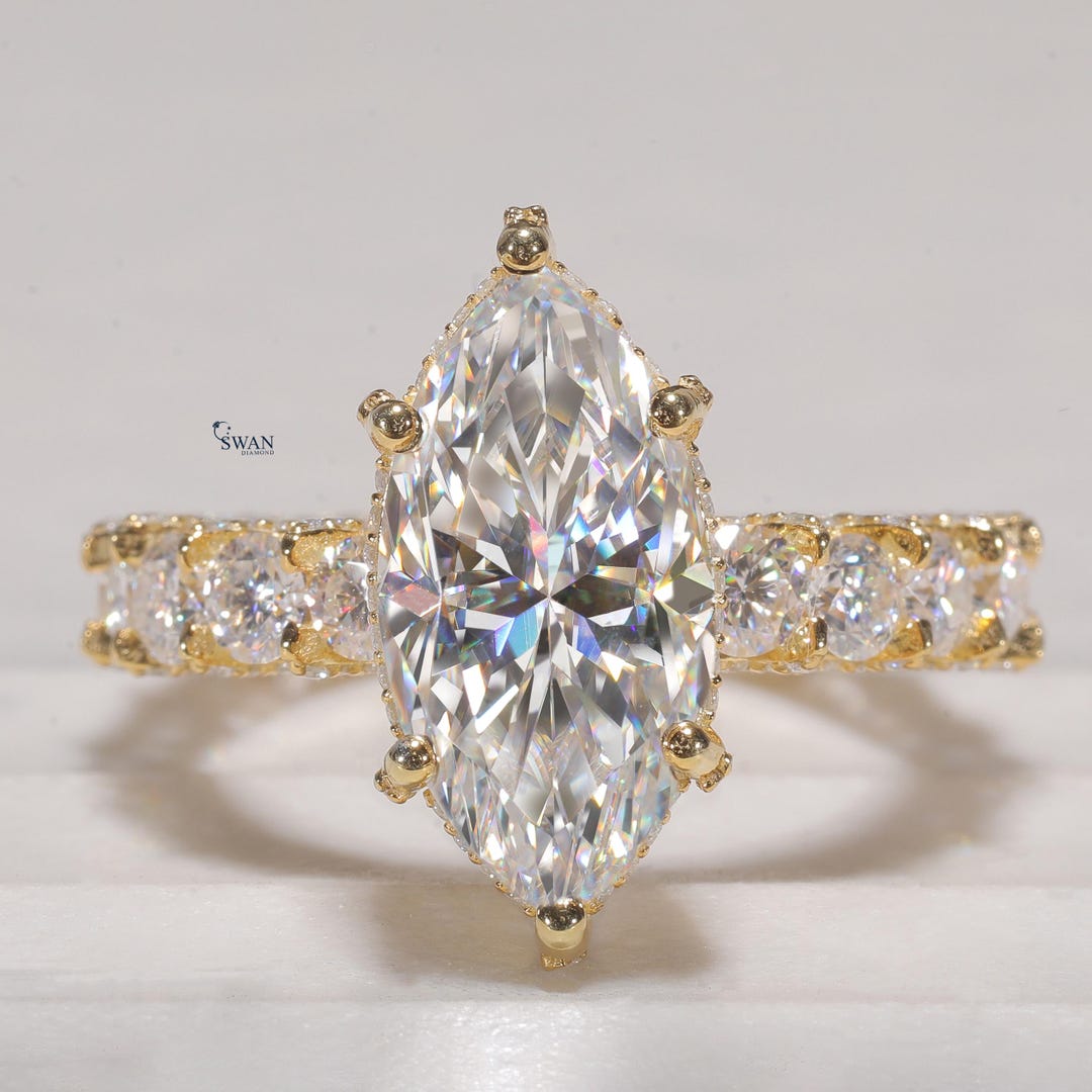 Marquise Cut Moissanite Engagement Ring Yellow Gold Pave Band Handmade ...