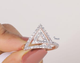 Triangle Geometric Moissanite Engagement Diamond Ring Sterling Silver Layered Open Triangle Minimalist Jewelry Statement Ring for Women Gift