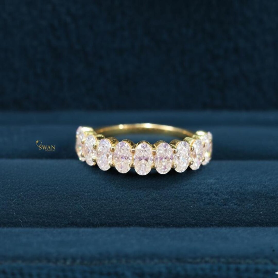Oval Cut Moissanite Half Eternity Ring in Yellow Gold Stackable Wedding ...