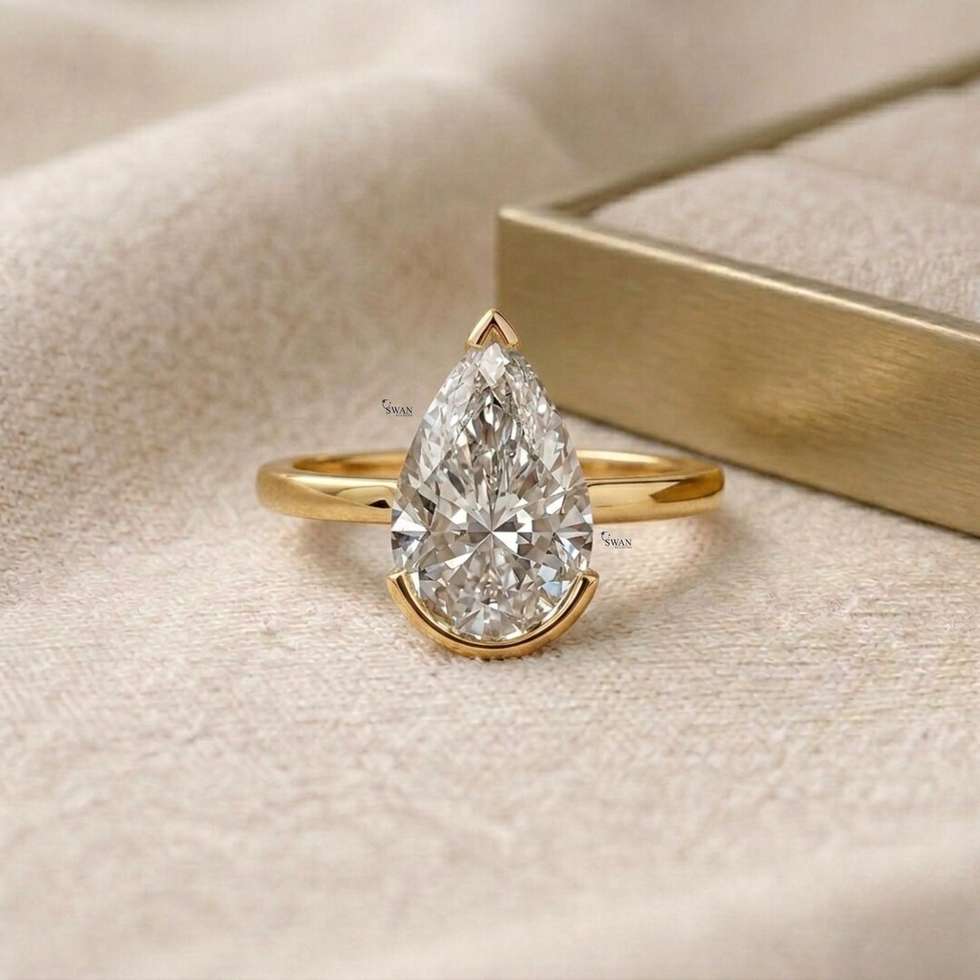 Pear Cut Moissanite Half Bezel Set Ring Solitaire Engagement Ring ...