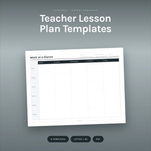 Peut inclure: Un modèle de plan de cours pour enseignant imprimable présentant une grille hebdomadaire intitulée Week at a Glance. Le document comprend des colonnes du lundi au vendredi et des lignes pour six périodes, avec de l'espace pour des notes et des détails.