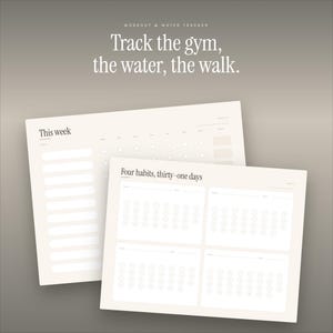 Peut inclure: Deux planificateurs en papier blanc cassé avec du texte sombre. La feuille supérieure porte le texte 'Four habits, thirty-one days' avec quatre grilles de suivi. La feuille inférieure est intitulée 'This week' et inclut un planning hebdomadaire.