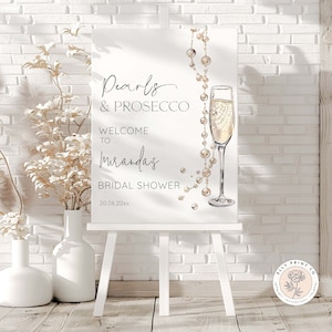 Pérolas e chá de panela Prosecco editável sinal de boas vindas |  Pôster para impressão |  Modelo personalizado para festa nupcial