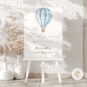Cartello di benvenuto per baby shower "L'avventura attende il bambino" / Poster stampabile con mongolfiera blu