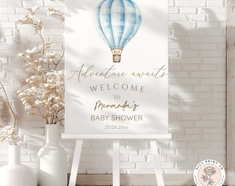 Adventure Awaits Boy Baby Shower Welcome Sign | Blue Hot Air Balloon Printable Poster