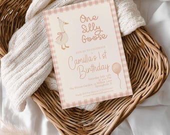Silly Goose 1st Birthday Invitation: Girl Party, Editable Template (5x7, Digital Download