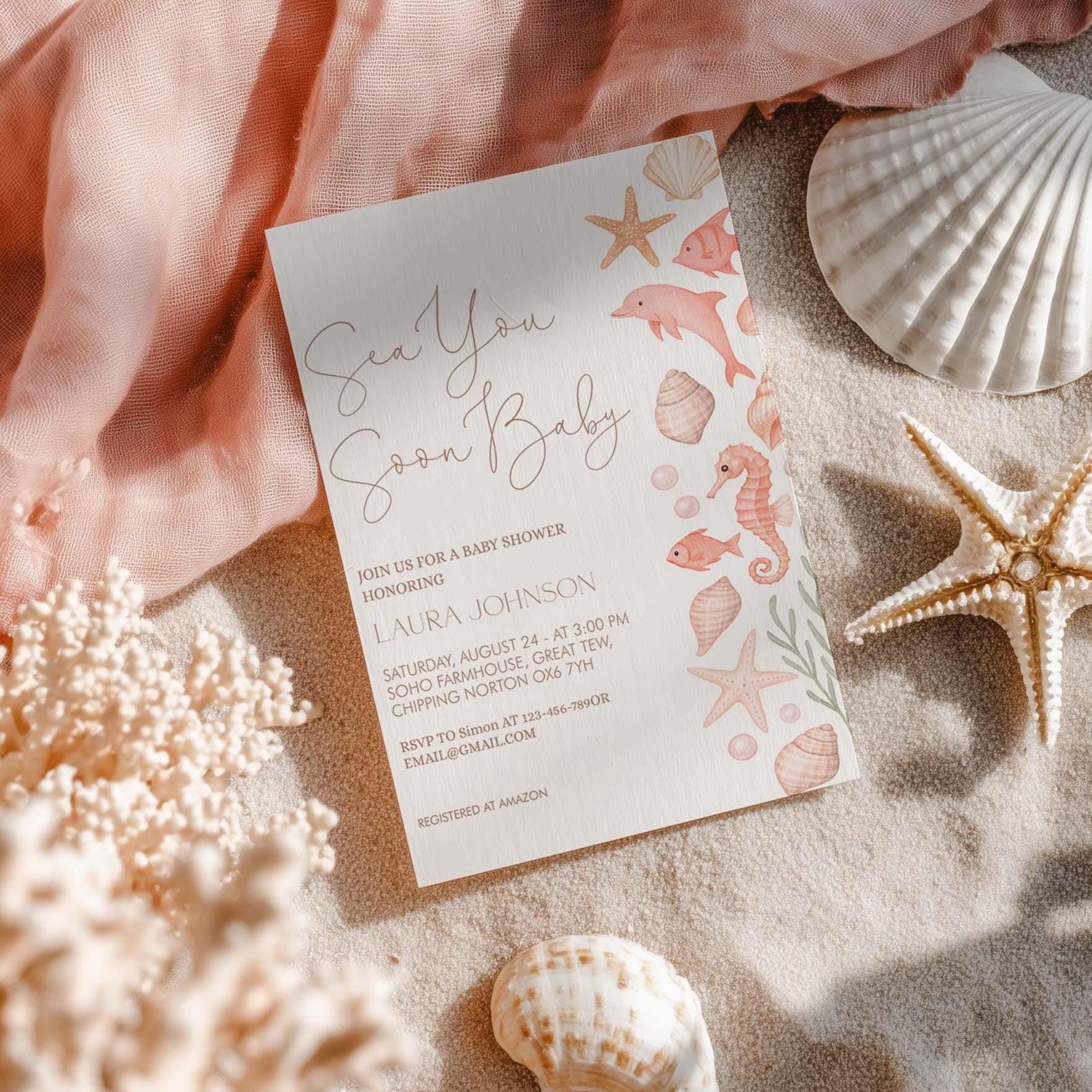 Sea You Soon Seashell Baby Shower Invitation Template: Coastal Theme ...