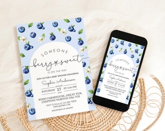 Berry Sweet Baby Shower Invitation | Blueberry Invitation Template | Digital Girl Baby Shower Invitation