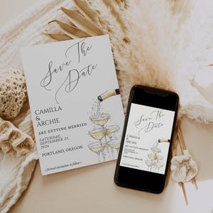 Champagne Tower Save The Date Karte | Bearbeitbare Vorlage | Moderne druckbare Save The Date