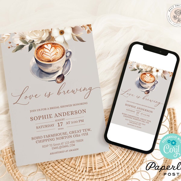 Love Is Brewing Bridal Shower Coffee Invitation | Editable Invite | Printable Bridal Shower Invitation