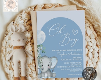 Oh Boy Elephant With Balloon Baby Shower Invitation, Printable Boy Baby Shower Invite