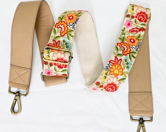 Correa de repuesto para bolso de mano de cuero estilo bohemio, correa para el hombro, bordado, color topo pálido, correa ajustable, regalo de Navidad para mamá.