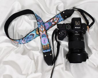 Leather Camera Strap, Embroidered Black Sling Neck/Shoulder | Cotton Canvas | 1.5" Wide, 46–50