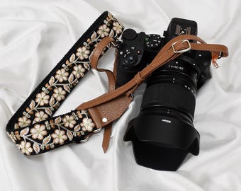 Camera Strap, Embroidered Brown Leather Sling | Cotton Canvas, 2 Inch Wide - 46-50 Adjustable Length