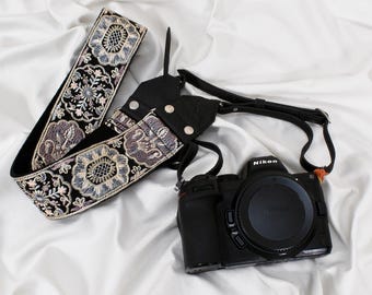 Camera Strap, Embroidered Photographer Leather Sling | Cotton Canvas, Black | 2In Adjustable 46-50In