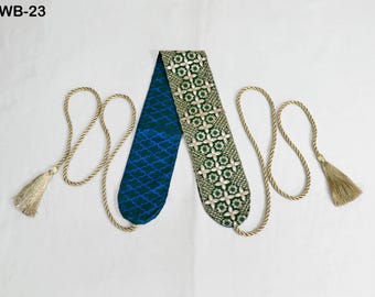 Cinto bordado, faixa boho obi | Tecido jacquard reversível, amarrações ajustáveis ​​com borlas | Tamanhos P-GG, verde e dourado