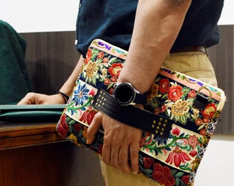Bolsa bordada para bloco de notas, estilo boho hippie, com forro de lona, para iPad, com zíper, bolsa de ombro em algodão, presente de Natal para irmã, mãe, esposa e amigas.