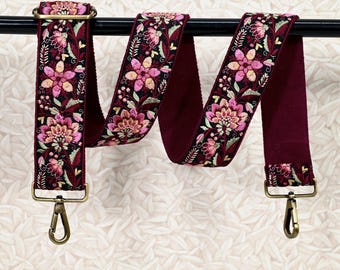 Alça de Bolsa Transversal Boho Bordada | Jacquard de Algodão, 5 cm de Largura - Ajustável de 77,5 a 134,6 cm, Ferragens Douradas