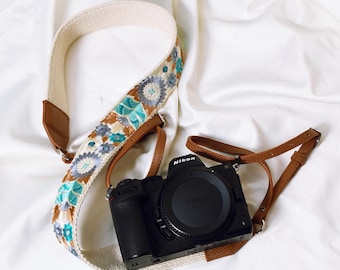 Sling Camera Strap Photographer Leather Strap Brown Embroidery DSLR Camera Accessories Camera Holder Neck Shoulder Strap Gift Girlfriend