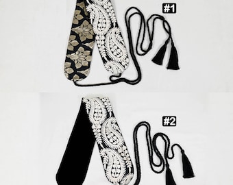 Cinto reversível bordado em tecido: faixa de veludo preto | brocado, acessório de casamento boho ajustável
